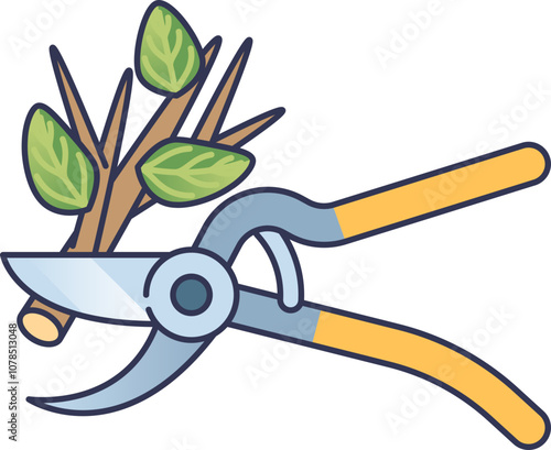 Illustration of pruning shears cutting a branch, symbolizing plant care.