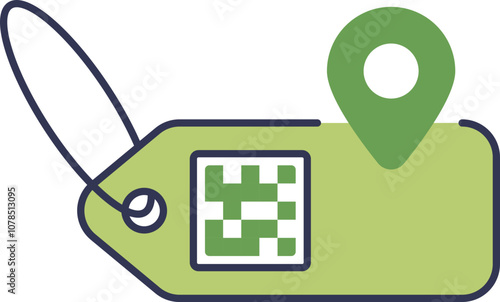 Green tag with QR code and location pin symbolizing smart clothing tracking.