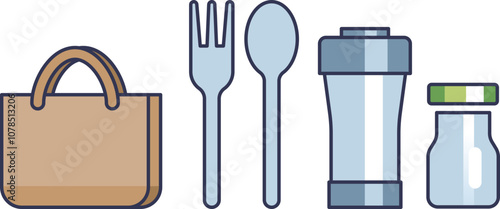 Illustration of reusable utensils, bag, and containers promoting eco-friendly habits.