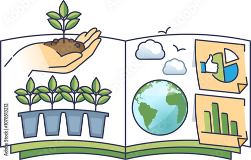 Illustration of reforestation with seedlings, globe, and growth charts in an educational booklet.