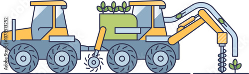 Illustration of a reforestation machine planting trees, symbolizing eco-friendly technology.