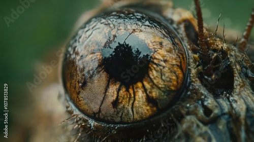 A close-up of a large insect eye, revealing intricate details and a reflection of the natural world.