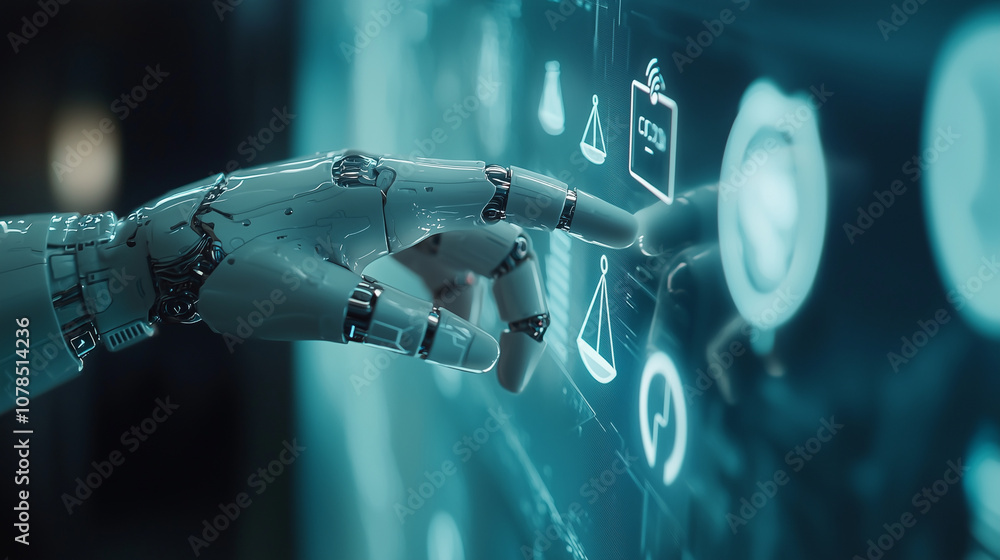Human and Robot Fingers Touching with Holographic Technology Icons Human and Robot Fingers Touching with Holographic Technology Icons