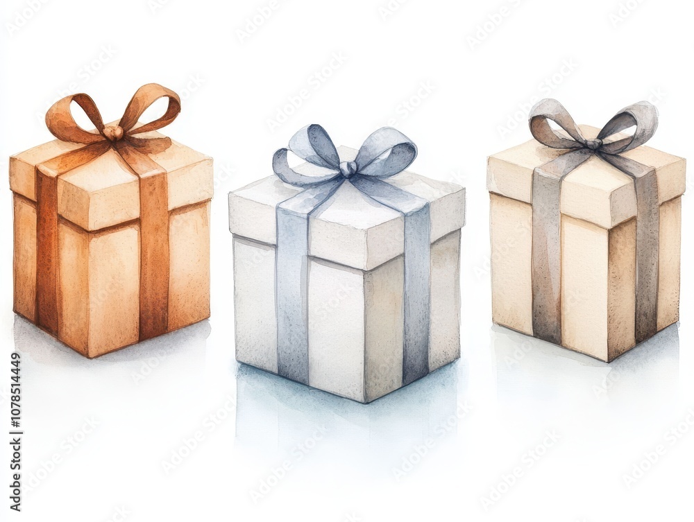 Three beautifully wrapped gift boxes in soft colors with ribbons, presenting an inviting and festive appearance. Three beautifully wrapped gift boxes in soft colors with ribbons, presenting an inviting and festive appearance.