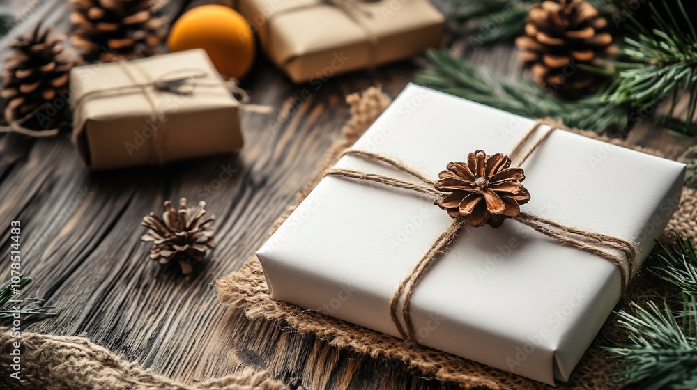 A white gift box wrapped with twine and decorated with a pine cone, surrounded by other gifts, pine cones, and burlap on a rustic wooden background. A white gift box wrapped with twine and decorated with a pine cone, surrounded by other gifts, pine cones, and burlap on a rustic wooden background.