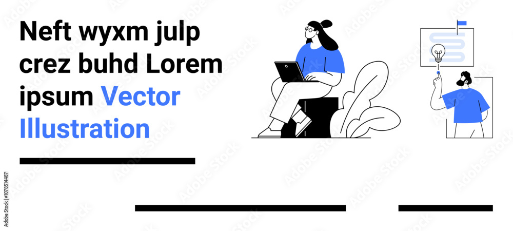 Two characters, one with a laptop and another with a magnifying glass. Ideal for technology, teamwork, research, communication, education, analytics, and presentations. Landing page Two characters, one with a laptop and another with a magnifying glass. Ideal for technology, teamwork, research, communication, education, analytics, and presentations. Landing page