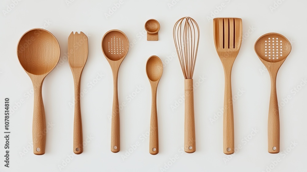 Stylish and Eco-Friendly Kitchen Utensils Displayed on a Light Background, Featuring Various Wooden Tools for Cooking and Baking in Minimalist Design Stylish and Eco-Friendly Kitchen Utensils Displayed on a Light Background, Featuring Various Wooden Tools for Cooking and Baking in Minimalist Design