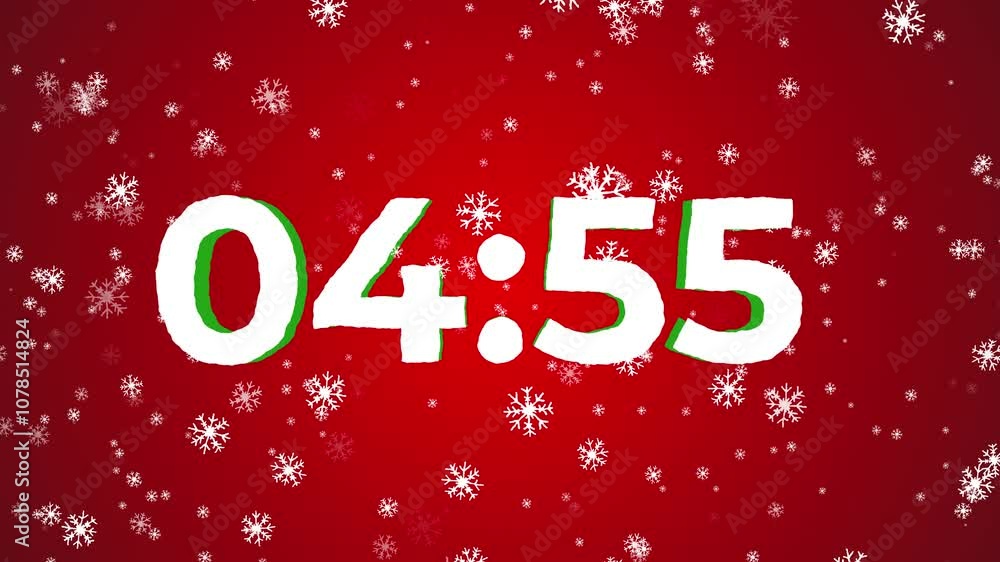Christmas-themed 5-minute countdown with snowflakes and a bold timer on a red background, ideal for adding seasonal charm to holiday streams and gatherings Christmas-themed 5-minute countdown with snowflakes and a bold timer on a red background, ideal for adding seasonal charm to holiday streams and gatherings