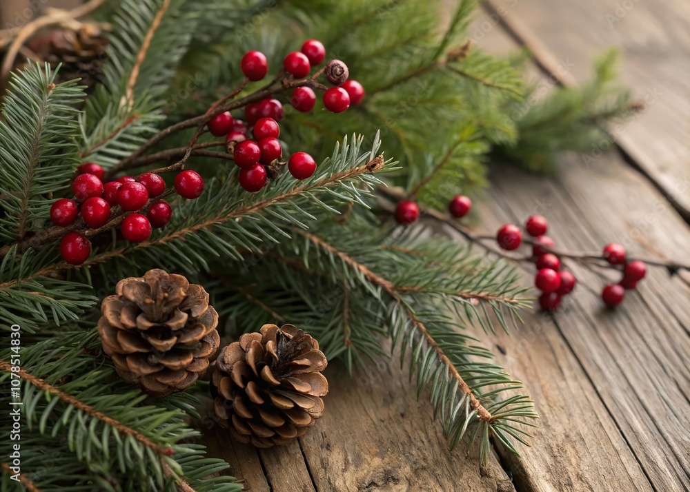 Evergreen Elegance: A Close-Up of Fresh Green Branches with Red Berries and Pinecones on a Rustic Wooden Table, Perfect for Seasonal Fashion and Home Decor Themes Evergreen Elegance: A Close-Up of Fresh Green Branches with Red Berries and Pinecones on a Rustic Wooden Table, Perfect for Seasonal Fashion and Home Decor Themes