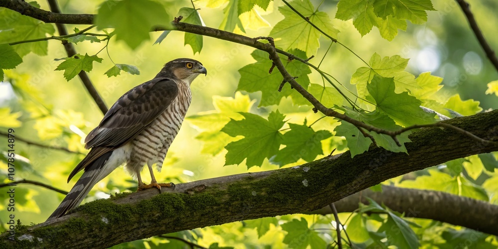 Obraz premium Eurasian Sparrowhawk Perched Elegantly on a Tree Branch Amidst Lush Green Foliage Showcasing Nature’s Beauty and the Intricacies of Wildlife in a Serene Environment