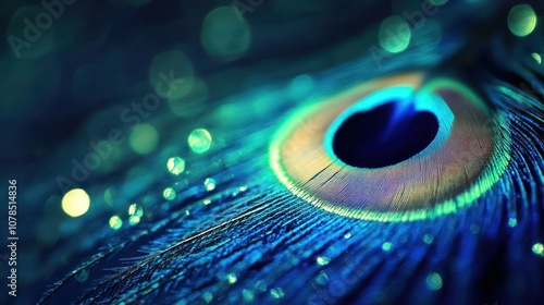 A close-up of a peacock feather with iridescent blue and green colors against a dark background with blurred bokeh lights.