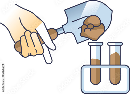 Hand with trowel and soil, test tubes for soil analysis.