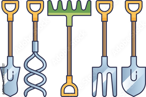 Illustration of essential soil preparation tools: spades, rake, and cultivator.