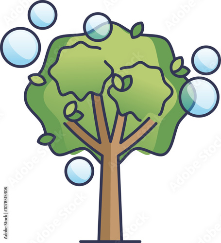 Tree with oxygen bubbles symbolizes nature's role in air purification.