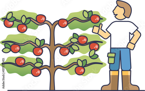 Illustration of a person training an espalier tree with red apples.