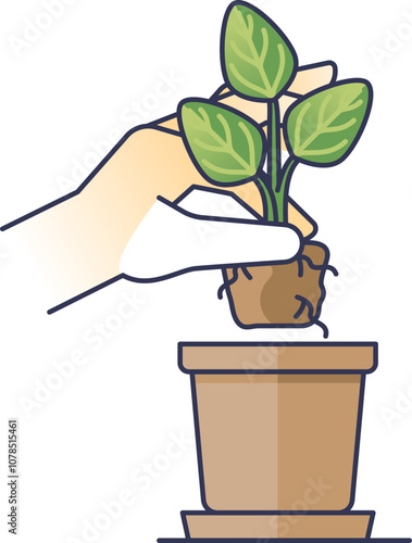 Hand transplanting a seedling into a pot, symbolizing growth and nurturing.