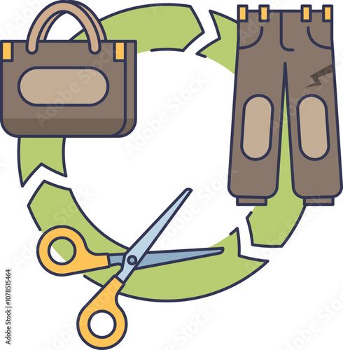 Illustration of upcycling: turning old jeans into a handbag, symbolizing sustainable fashion.