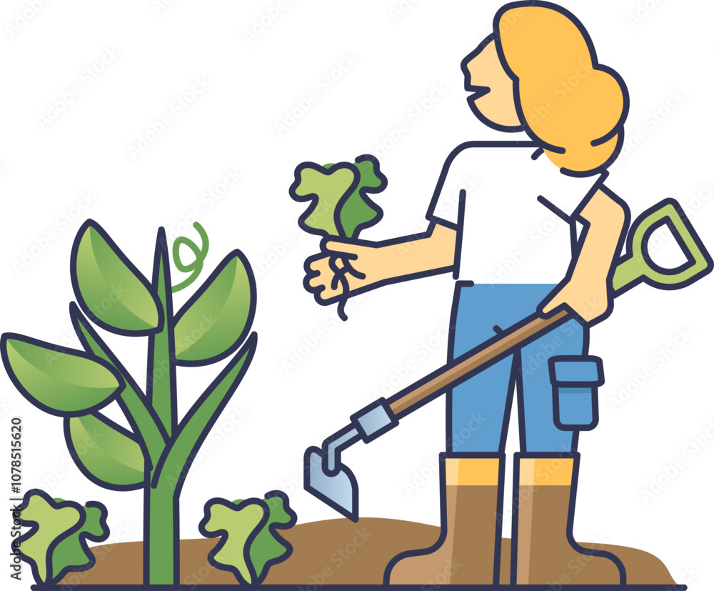 Person weeding garden with a hoe, holding a weed. Person weeding garden with a hoe, holding a weed.