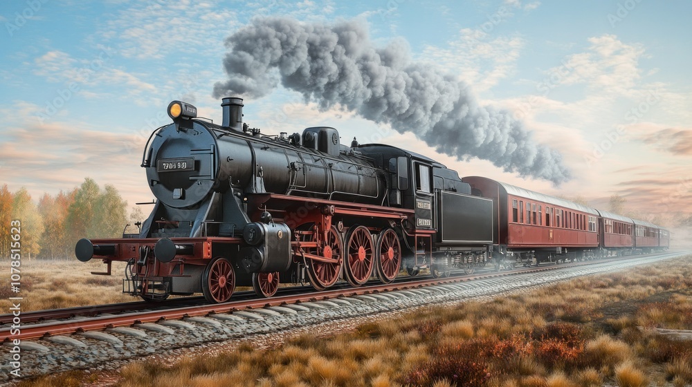 Obraz premium Vintage locomotive retro old steam train transportation concept with old pictures background wallpaper AI generated image