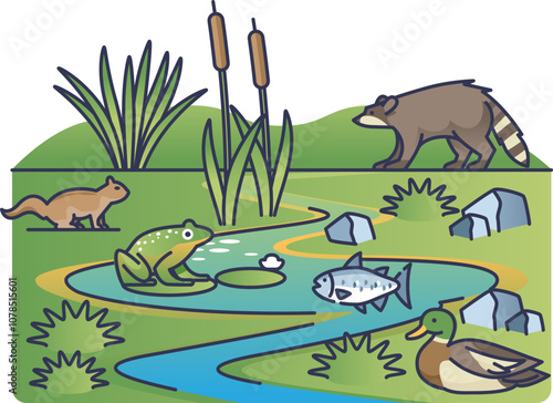 Wetland scene with frog, fish, duck, raccoon, and cattails, symbolizing biodiversity.