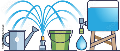 Illustration of a watering system with a watering can, bucket, fountain, and water tank.