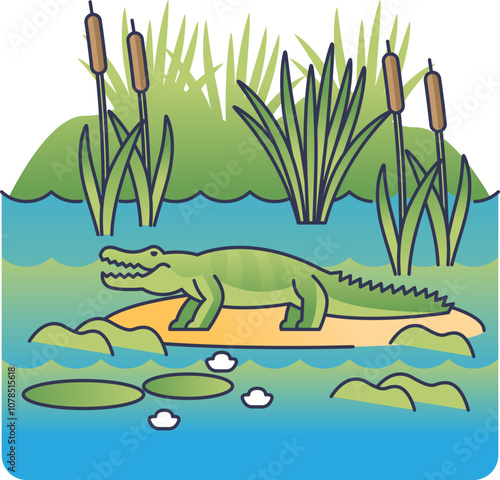 Crocodile on a log in a wetland with reeds and lily pads, symbolizing natural habitat.