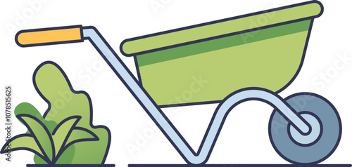 Illustration of a green wheelbarrow symbolizing gardening and construction work.