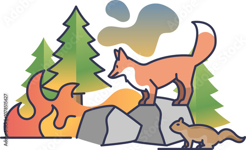 Fox and squirrel near wildfire in forest, symbolizing wildlife impact.