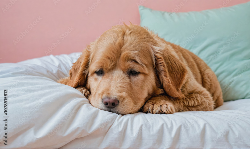A golden retriever dog sleeps peacefully on a bed with a white pillow A golden retriever dog sleeps peacefully on a bed with a white pillow