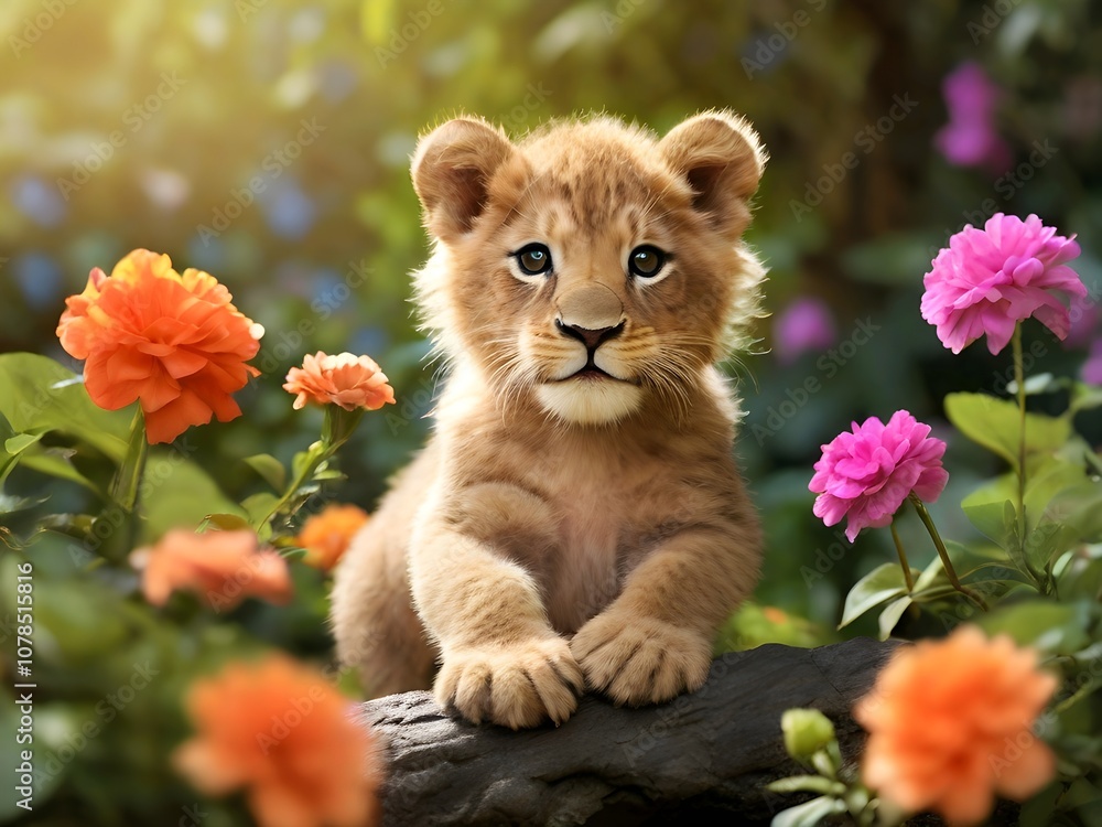 Obraz premium lion cub in the garden,Ai generated 