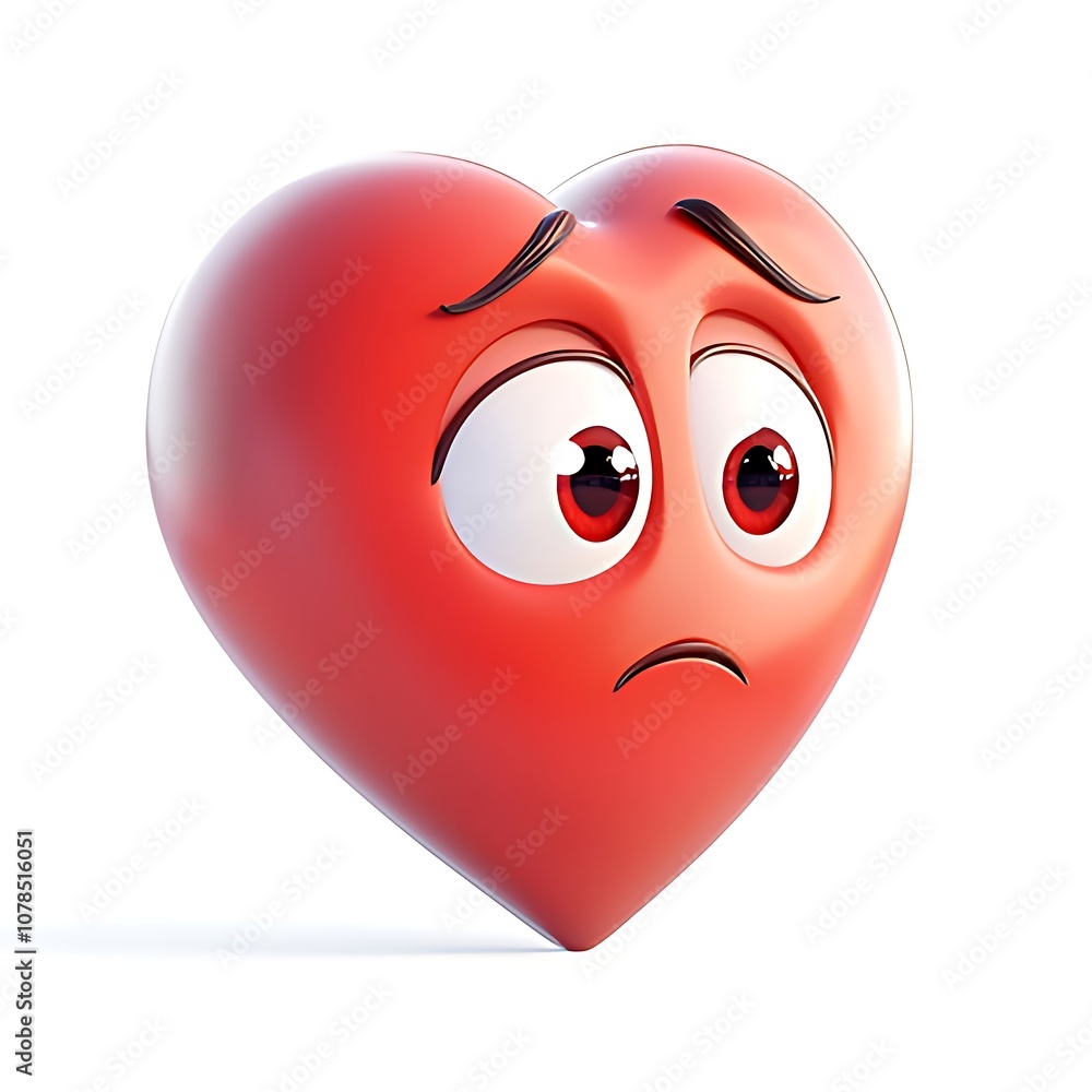 cartoon Red color heart shape, anxious, with a worried expression, on a white background, 3d illustration cartoon Red color heart shape, anxious, with a worried expression, on a white background, 3d illustration