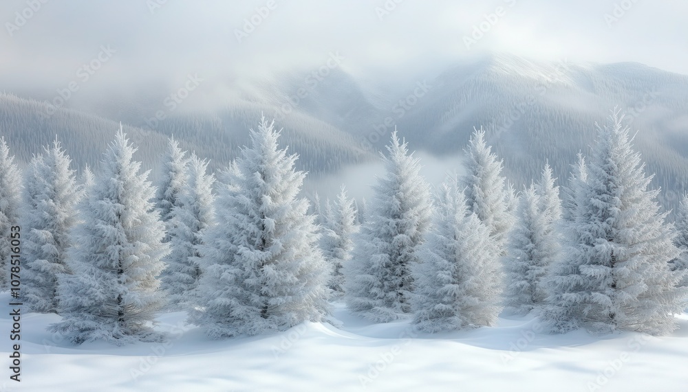 Serene winter scene of snow-covered pine forest with peaceful white landscape Serene winter scene of snow-covered pine forest with peaceful white landscape
