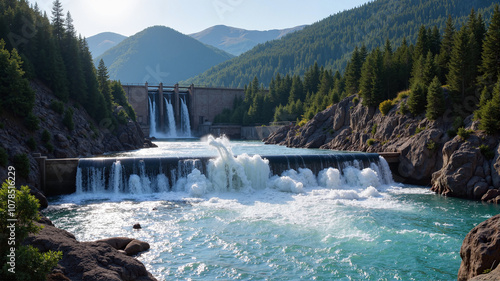 Hydroelectric dam with cascading water in mountain landscape
 photo