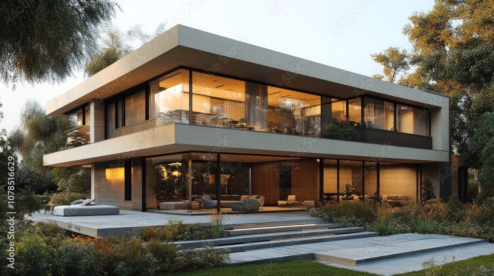 Fototapeta premium Modern architectural design featuring large glass windows and greenery.