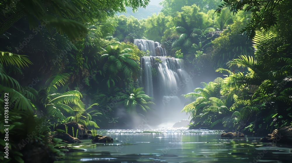 A waterfall in a lush green jungle. A waterfall in a lush green jungle.