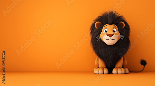 Cute cartoon lion character with a playful expression sitting against an orange background, emphasizing its fluffy dark mane and friendly demeanor.