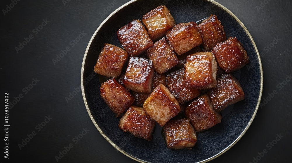 Deliciously Caramelized Cubes of Pork Belly Served on a Dark Plate, Showcasing a Glossy Glaze and Perfectly Cooked Edges for Gourmet Cuisine Inspiration Deliciously Caramelized Cubes of Pork Belly Served on a Dark Plate, Showcasing a Glossy Glaze and Perfectly Cooked Edges for Gourmet Cuisine Inspiration
