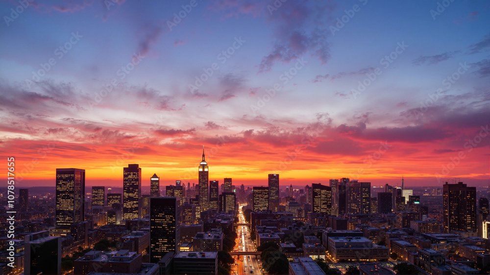Fototapeta premium Sunset skyline view over a vibrant cityscape