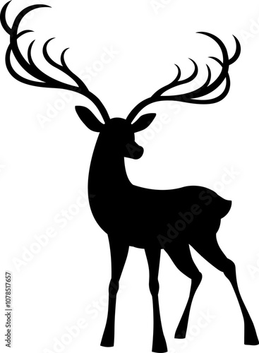 Christmas Reindeer Black Silhouette. Vector Hand Drawn Illustration Isolated On Transparent Background