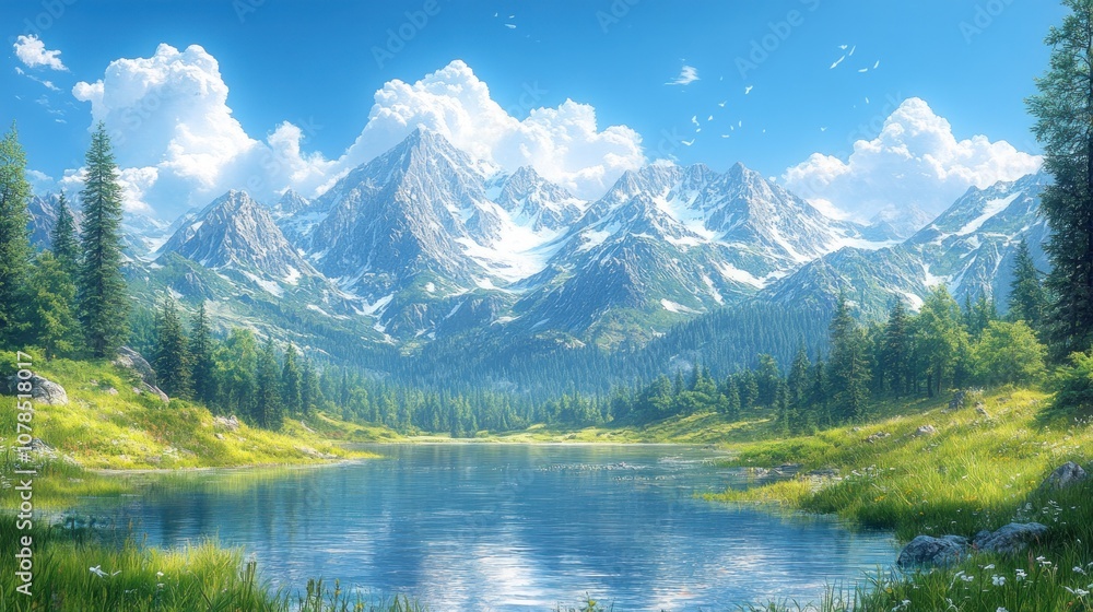 Serene mountain landscape with a clear lake and lush greenery. Serene mountain landscape with a clear lake and lush greenery.