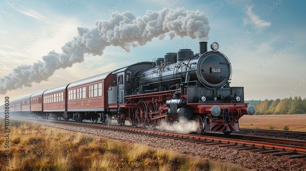 Naklejka premium Vintage locomotive retro old steam train transportation concept with old pictures background wallpaper AI generated image