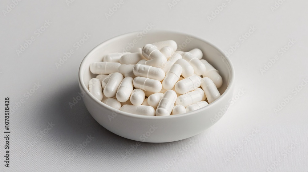 Close-up of White Capsules in a Bowl: A Serene Depiction of Modern Medicine and Healthcare Close-up of White Capsules in a Bowl: A Serene Depiction of Modern Medicine and Healthcare