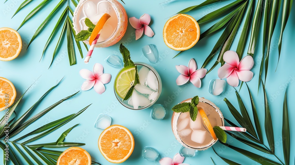 Flat lay of summer cocktails, fruit and flowers on a blue background. Flat lay of summer cocktails, fruit and flowers on a blue background.