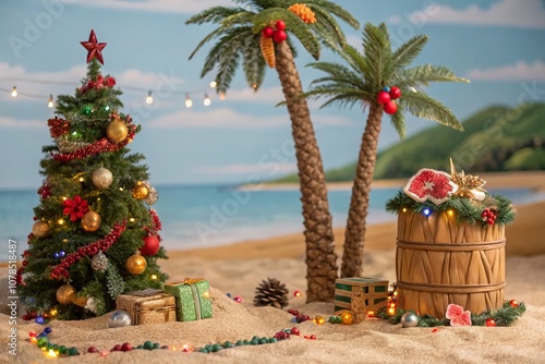 Festive Hawaiian Christmas Decorations with Tropical Elements, Colorful Ornaments, and Palm Trees, Showcasing a Unique Blend of Holiday Spirit and Island Vibes photo