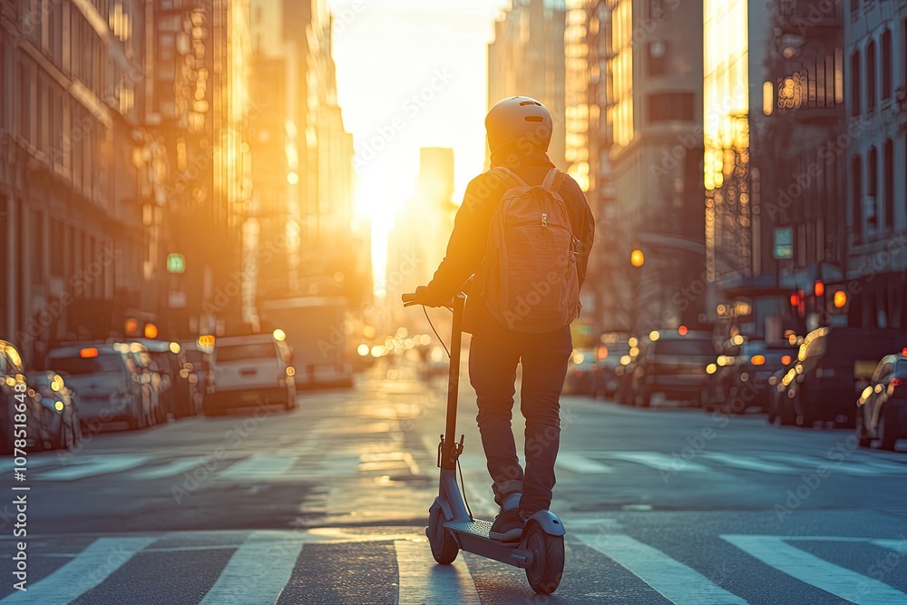 A man rides an electric scooter down a busy street. This image is ideal for illustrating the concept of urban transportation and commuting. A man rides an electric scooter down a busy street. This image is ideal for illustrating the concept of urban transportation and commuting.