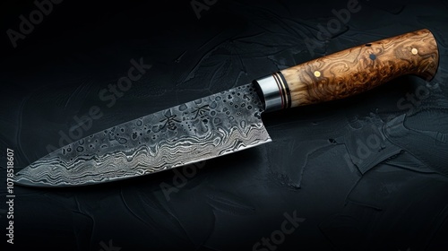 A Damascus steel chef's knife with a wooden handle, lying on a black background.