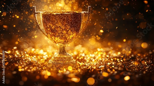 A stunning golden trophy surrounded by a warm, sparkling glow amidst an enchanting light show, symbolizing excellence and triumph in any competition. photo