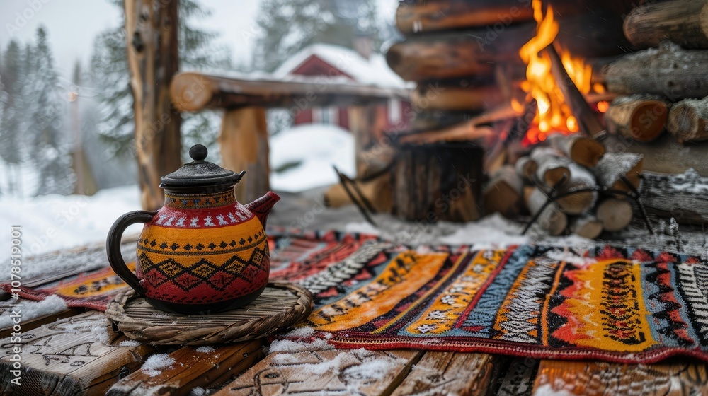 A colorful teapot sits on a wooden table with a rug in front of a fireplace. A colorful teapot sits on a wooden table with a rug in front of a fireplace.
