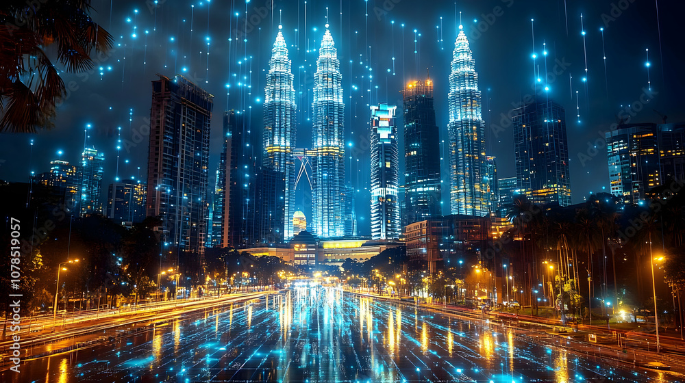 Night Cityscape with Digital Network Illustration Night Cityscape with Digital Network Illustration