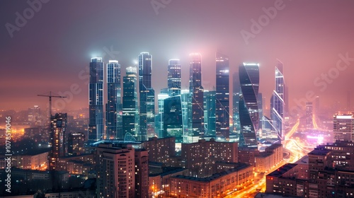 Skyscrapers rising gradually against a timelapsed cityscape AI generated illustration photo